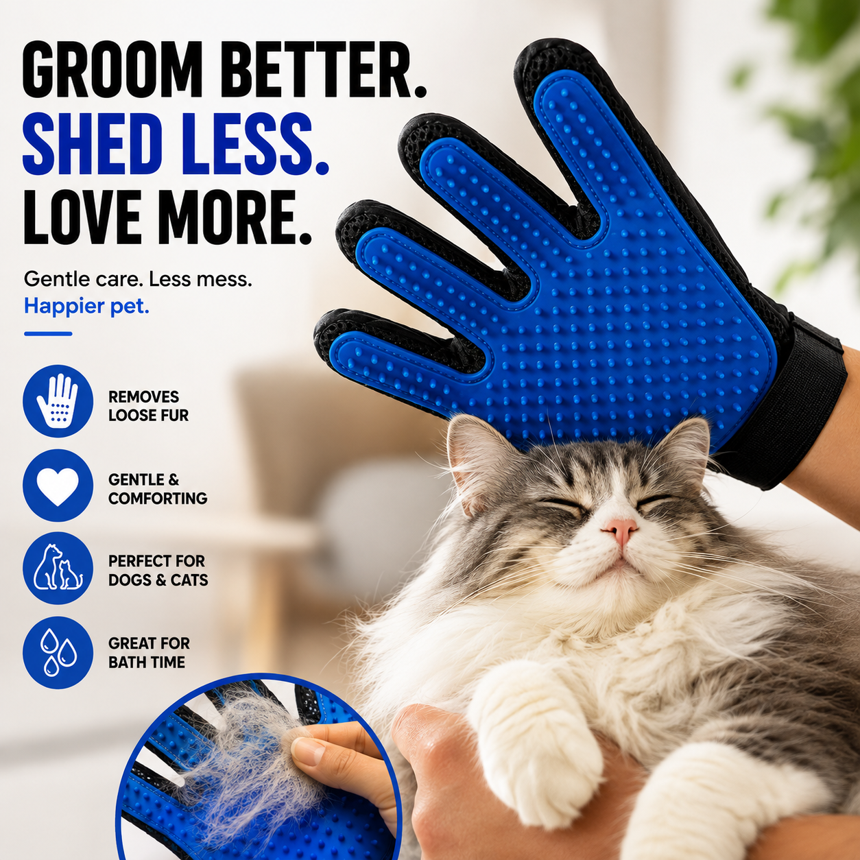 Pet Grooming Gloves for Dogs & Cats – Deshedding Brush, Fur Remover